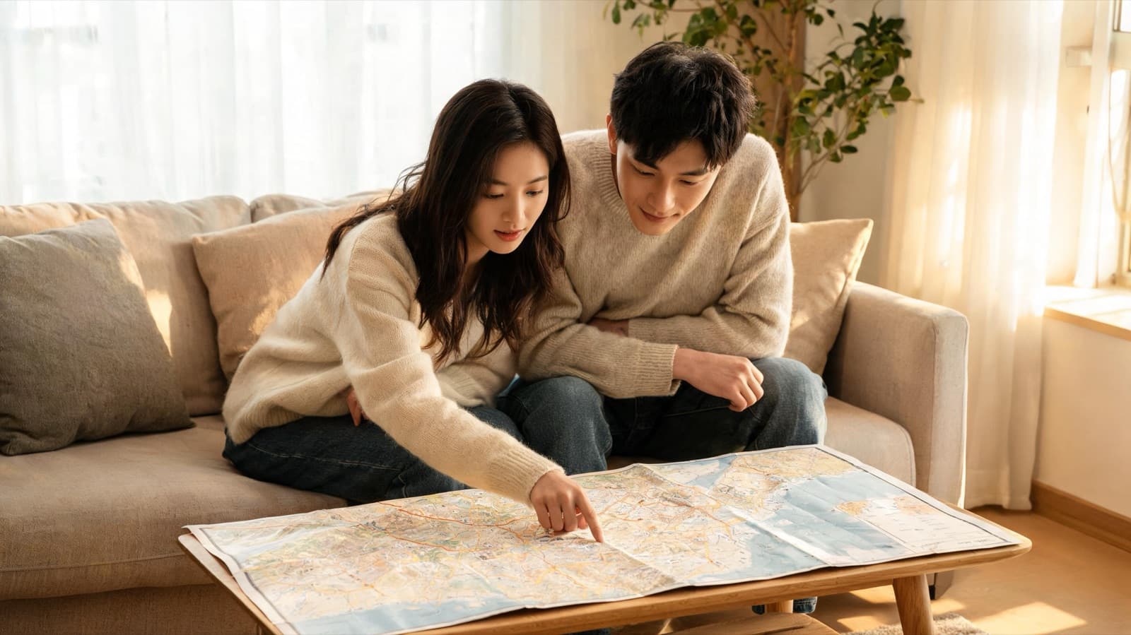 Couple planning a trip on a sofa with a paper map spread out on a coffee table, natural home light